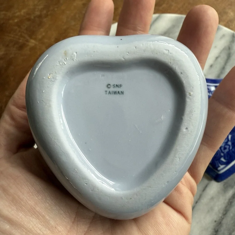 Pair Of Blue Heart Shaped Trinket Dishes One Like Flow Blue/Lid, One With Birds